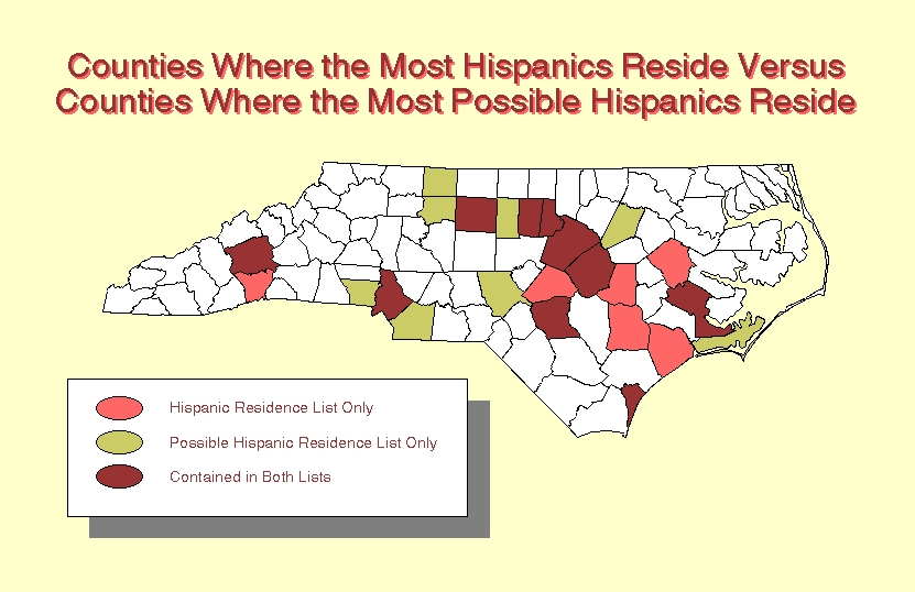Map showing the counties where the most Hispanics versus the most possible Hispanics resided.