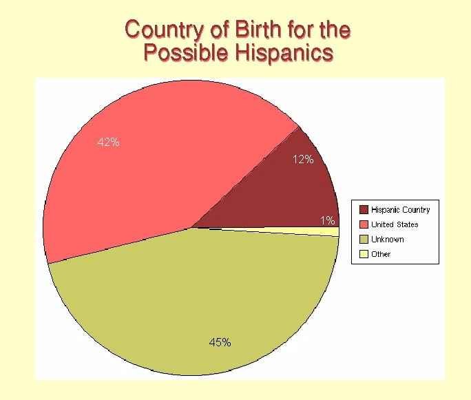 Pie chart showing the country of birth for the possible Hispanics.