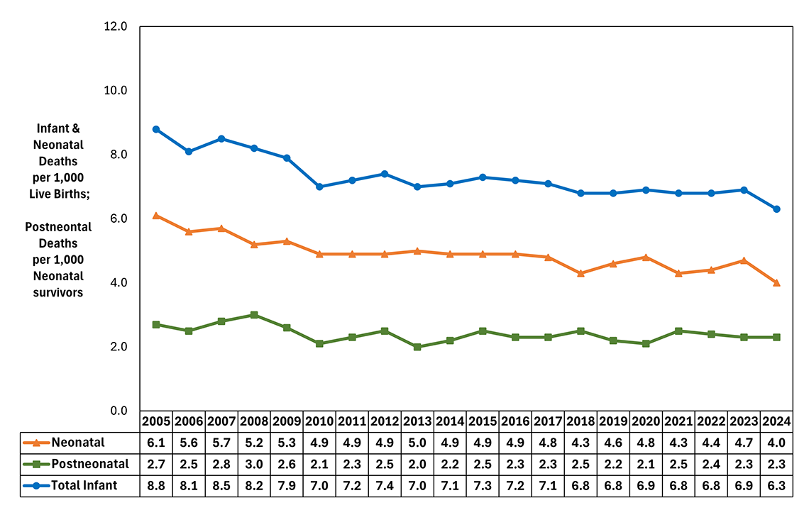 Figure 2: 2005-2024 Trends in North Carolina Resident Infant, Neonatal, and Postneonatal Death Rates