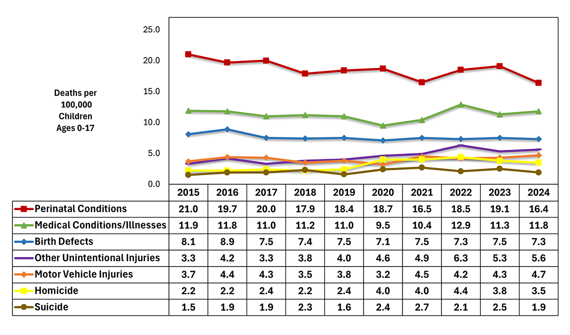 Figure 5: 2015-2024 Trends in North Carolina Resident Child Death Rates for Selected Causes of Death, Birth through 17 Years